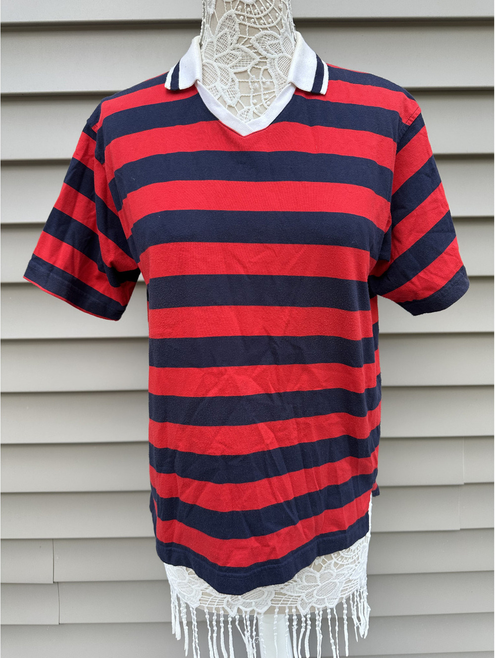 Studio Works Vintage Style Red and Navy Striped Polo Shirt with White Collar